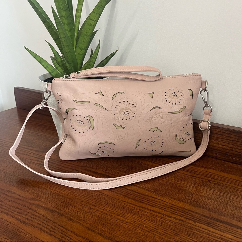 Pink Italian Leather Cutout Floral Convertible Clutch Purse Wristlet Crossbody
